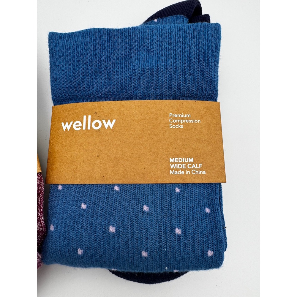 Wellow Premium Compression Socks Medium Wide Calf Blue Lavender Dot New NWT